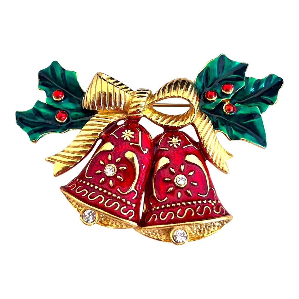Vintage 1990s Joan Rivers Christmas Bells Brooch Gold Tone Enamel Crystal - 8K